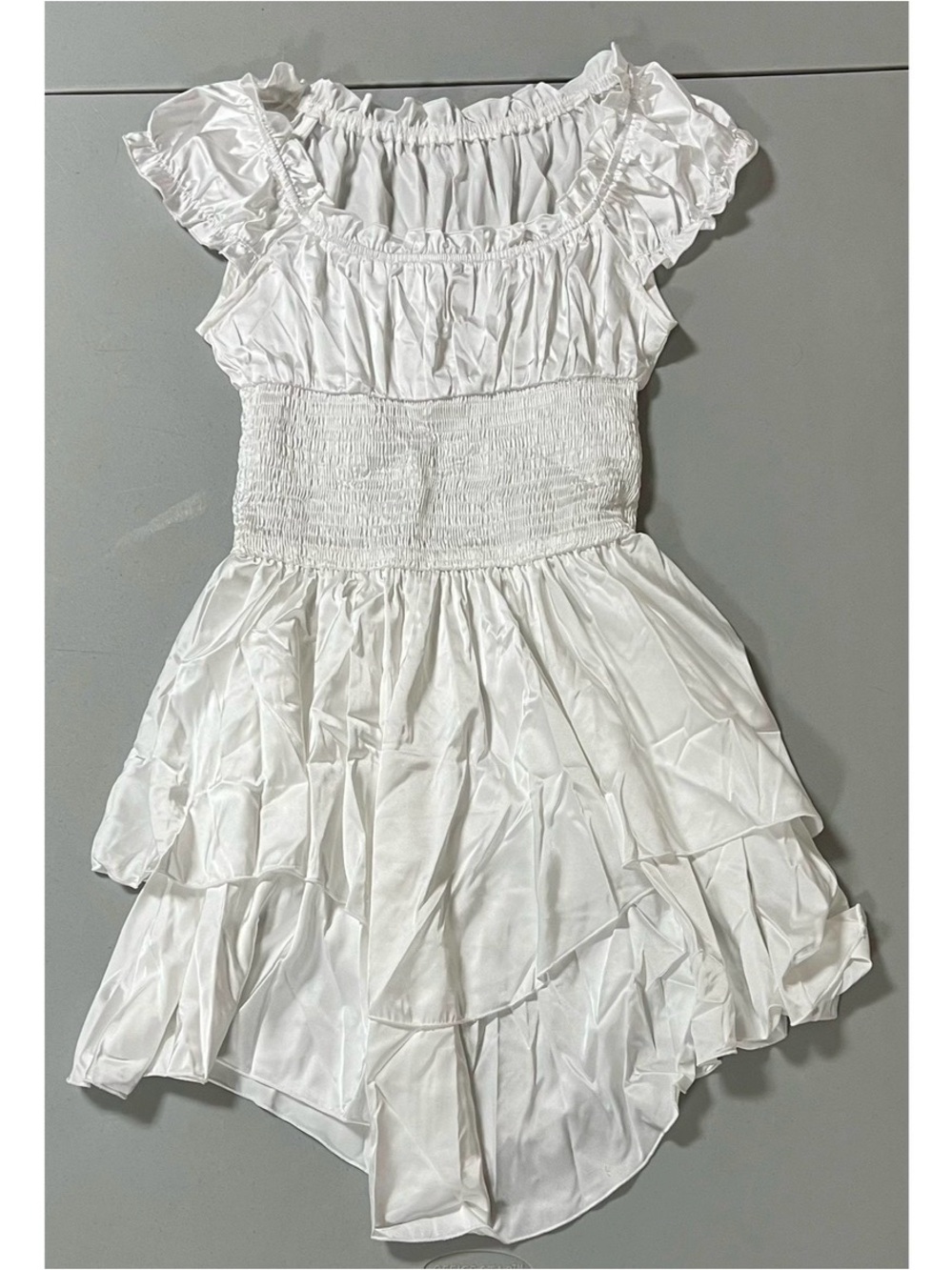 White Solid Satin Silk Shirred Babydoll Mini Dress Size S 🤍 #dress #summer